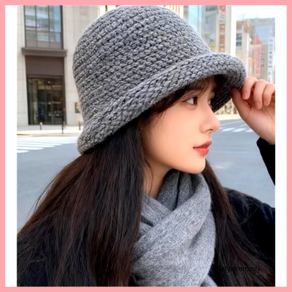 Acrylic Knitted Bucket Hat Winter Warm Crochet Cap